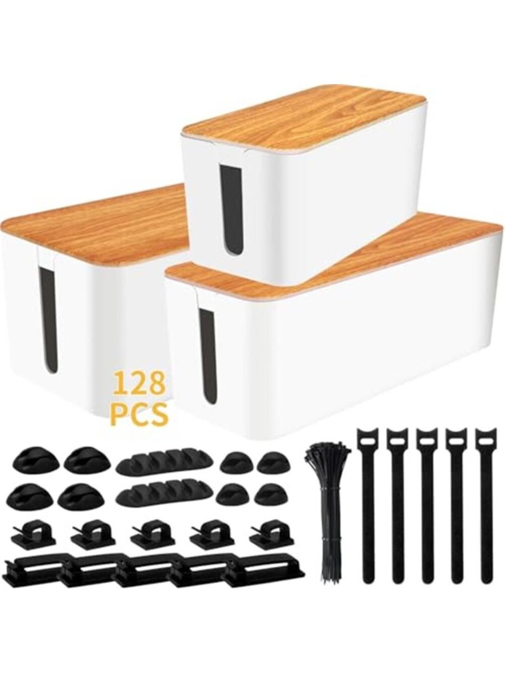 Cable Management Box 3 Pack 128PCS Power Strip Cord Organizer Wire Hider White